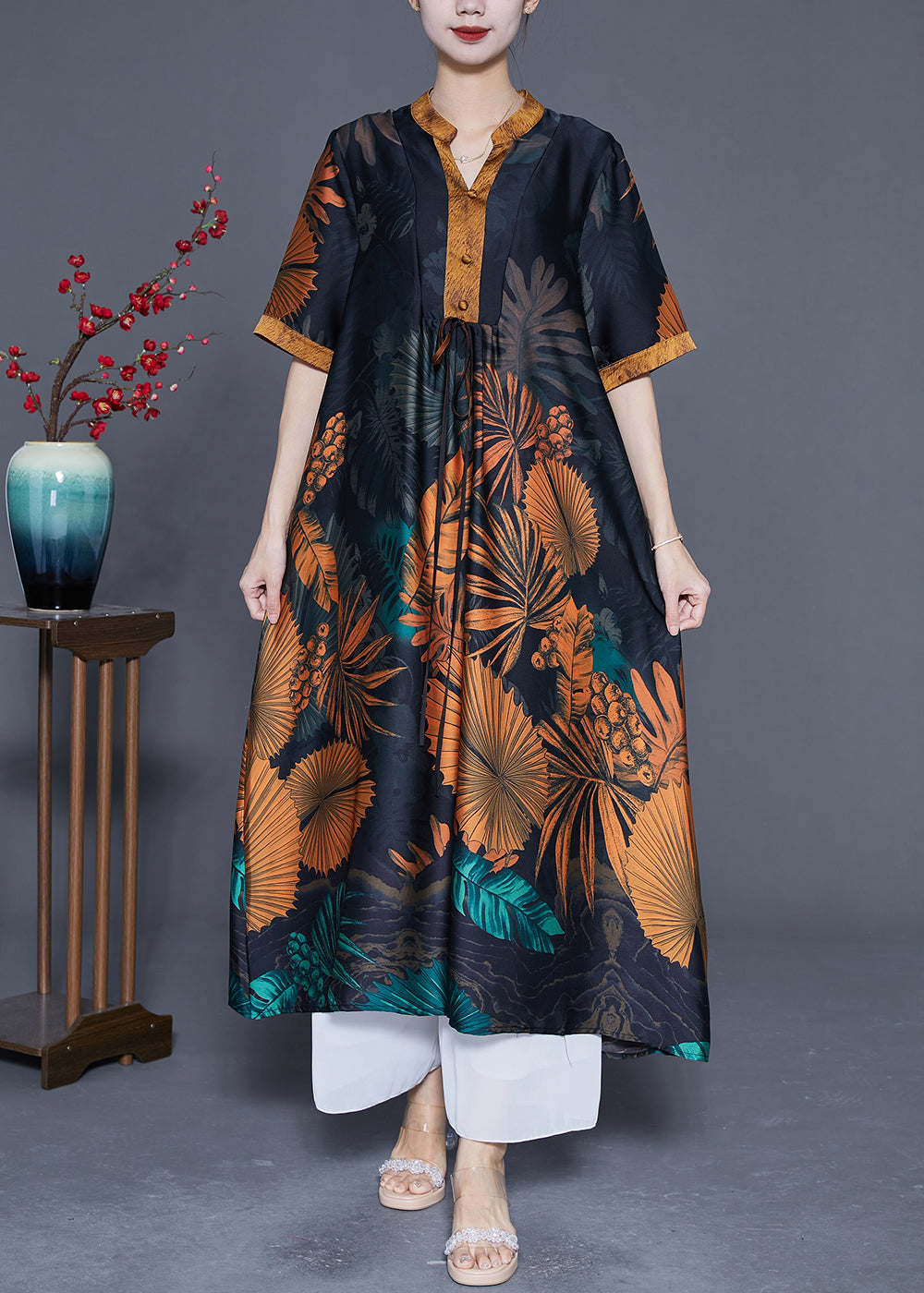 Plus Size Black V Neck Print Silk Long Dress Summer LY4824 - fabuloryshop