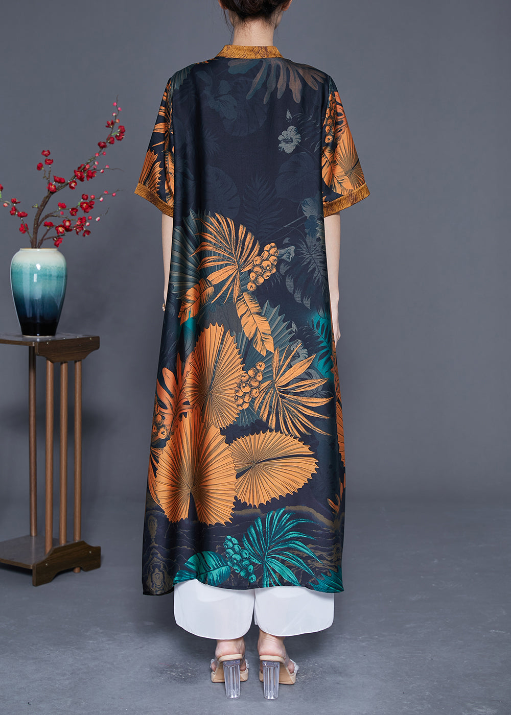 Plus Size Black V Neck Print Silk Long Dress Summer LY4824 - fabuloryshop