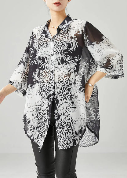 Plus Size Black White Print Oversized Chiffon Blouses Half Sleeve Ada Fashion