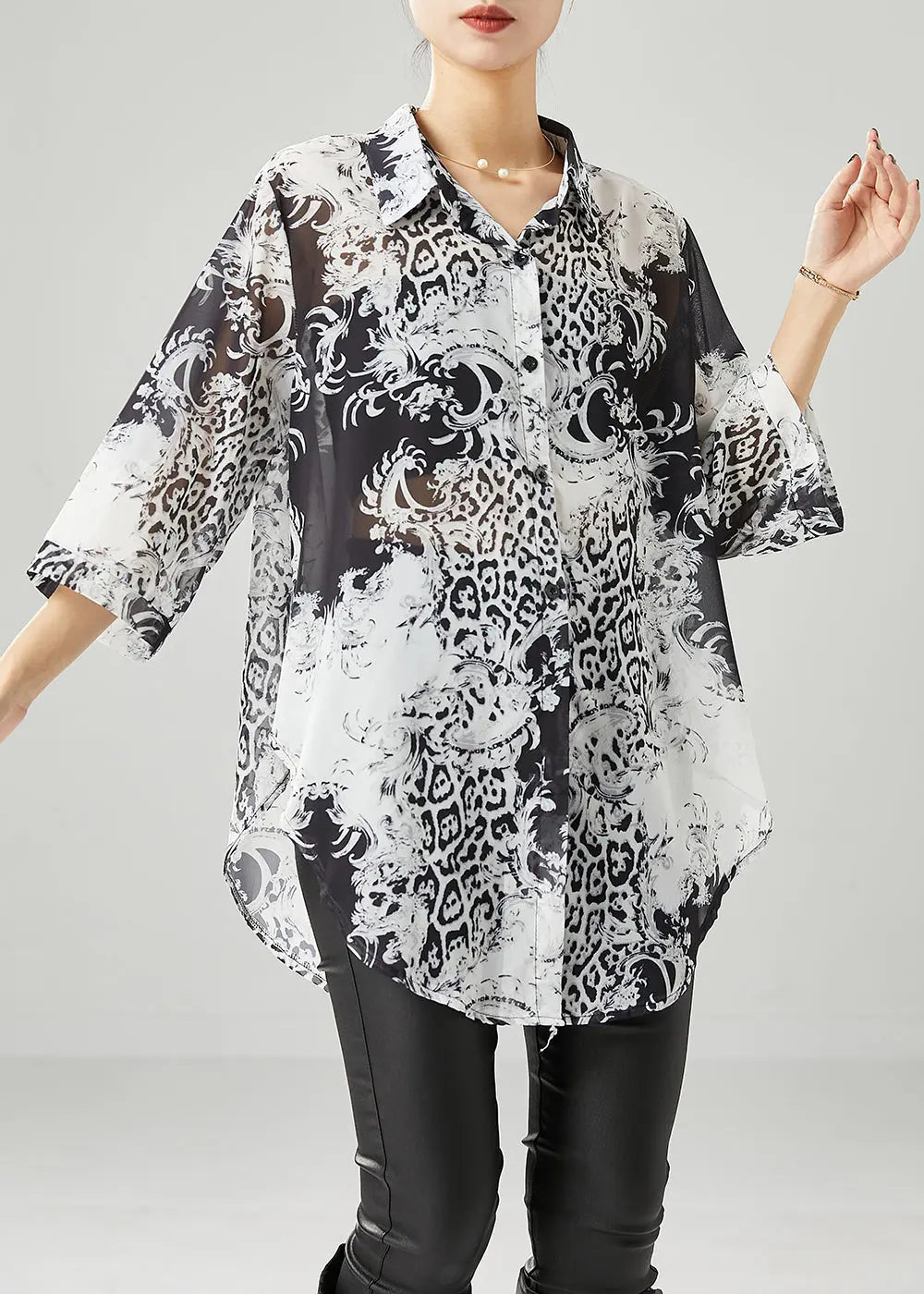 Plus Size Black White Print Oversized Chiffon Blouses Half Sleeve Ada Fashion