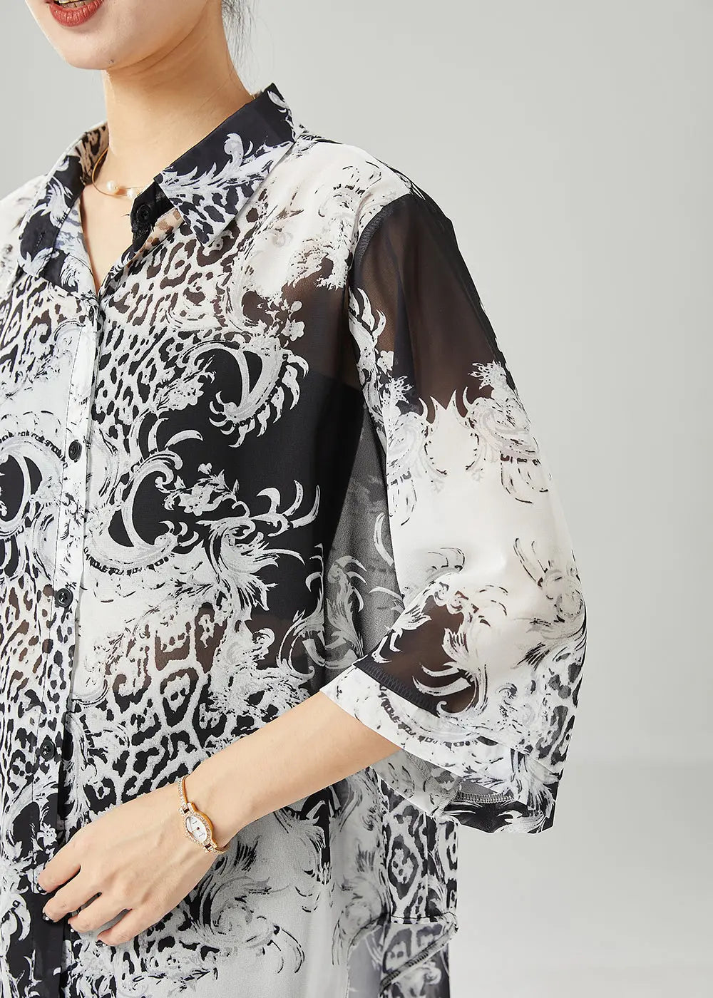 Plus Size Black White Print Oversized Chiffon Blouses Half Sleeve Ada Fashion