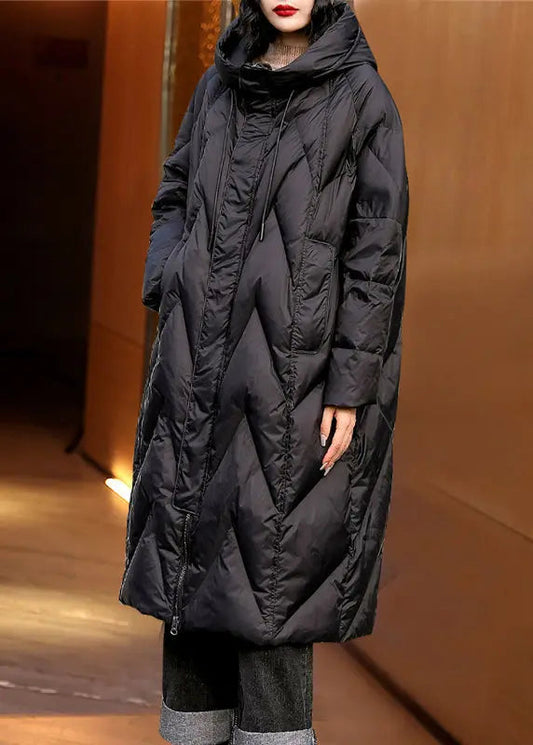 Plus Size Black Zip Up Patchwork Hooded Duck Down Coats Winter Ada Fashion
