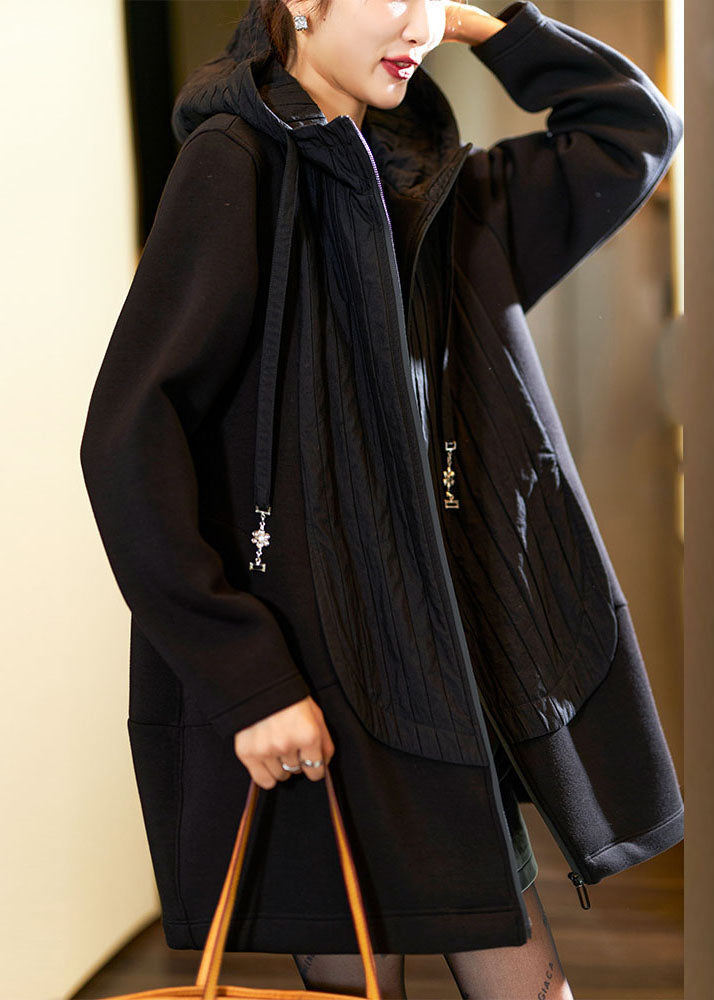 Plus Size Black Zippered Patchwork Thick Hoodies Coats Fall Ada Fashion
