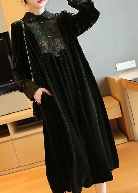 Plus Size Blackish Green Embroideried Patchwork Silk Velour Party Dress Spring LY1405 - fabuloryshop