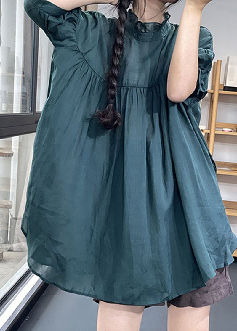 Plus Size Blackish Green Ruffled Patchwork Wrinkled Linen Top Summer LY5273 - fabuloryshop