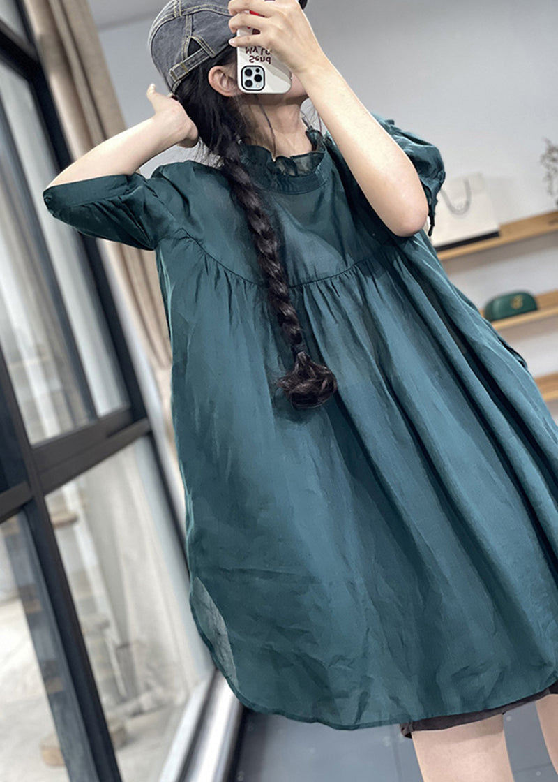Plus Size Blackish Green Ruffled Patchwork Wrinkled Linen Top Summer LY5273 - fabuloryshop