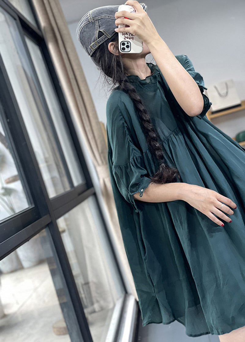 Plus Size Blackish Green Ruffled Patchwork Wrinkled Linen Top Summer LY5273 - fabuloryshop