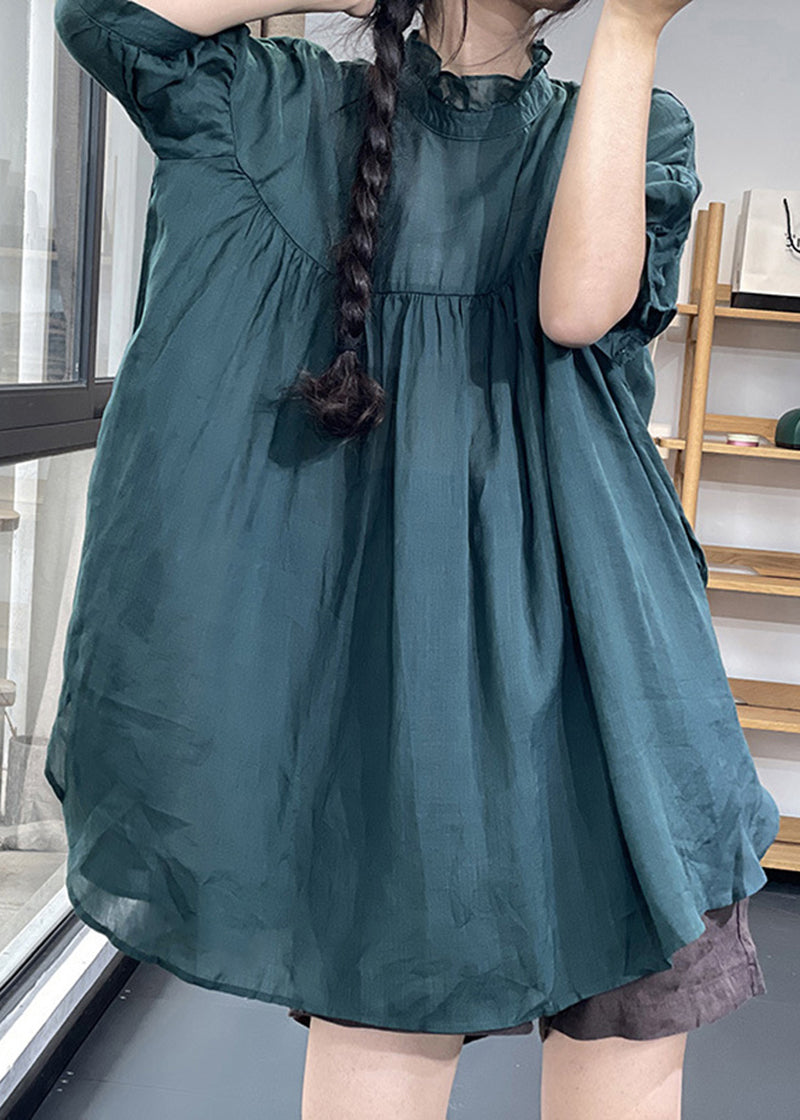 Plus Size Blackish Green Ruffled Patchwork Wrinkled Linen Top Summer LY5273 - fabuloryshop