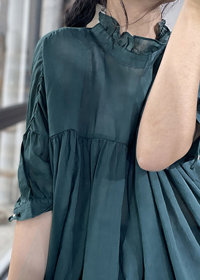 Plus Size Blackish Green Ruffled Patchwork Wrinkled Linen Top Summer LY5273 - fabuloryshop