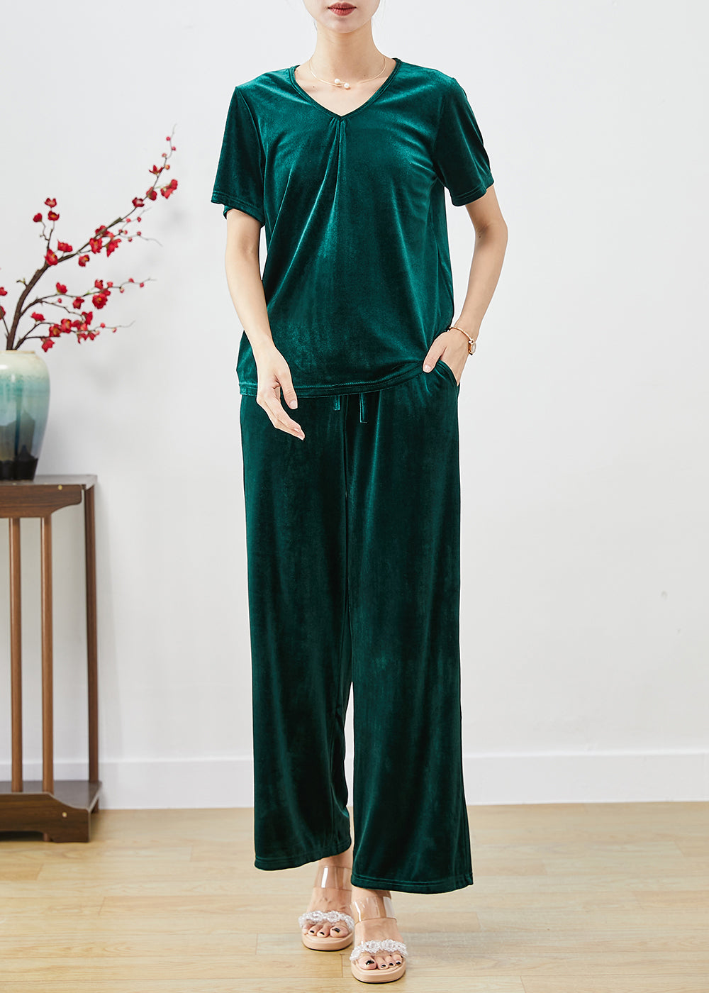 Plus Size Blackish Green Slim Fit Silk Velour Two Pieces Set Fall Ada Fashion