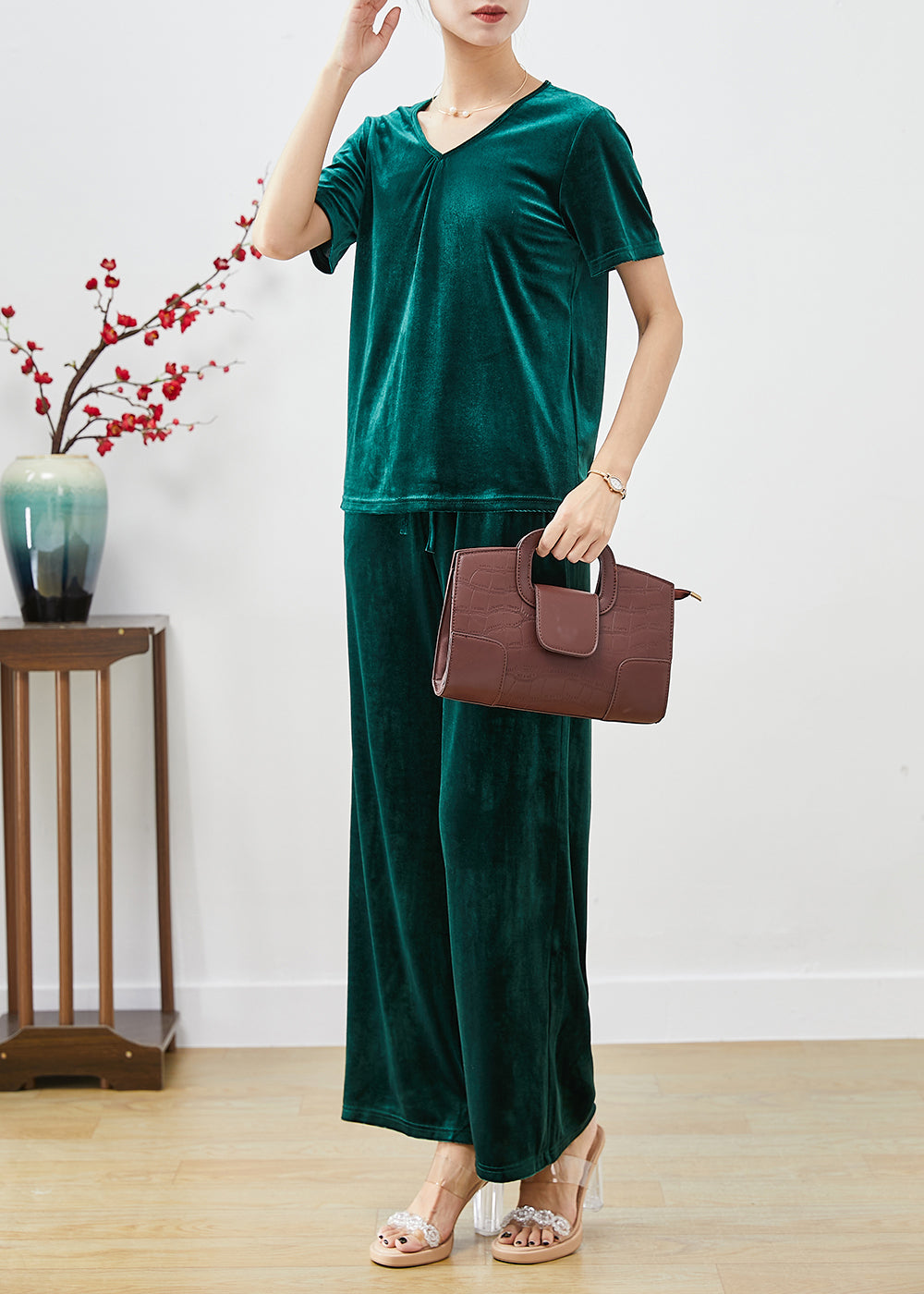 Plus Size Blackish Green Slim Fit Silk Velour Two Pieces Set Fall Ada Fashion