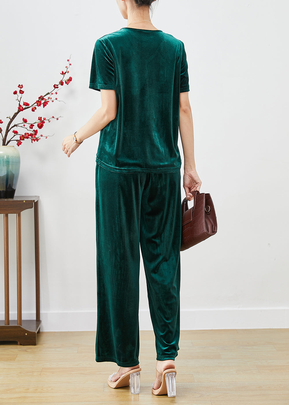 Plus Size Blackish Green Slim Fit Silk Velour Two Pieces Set Fall Ada Fashion