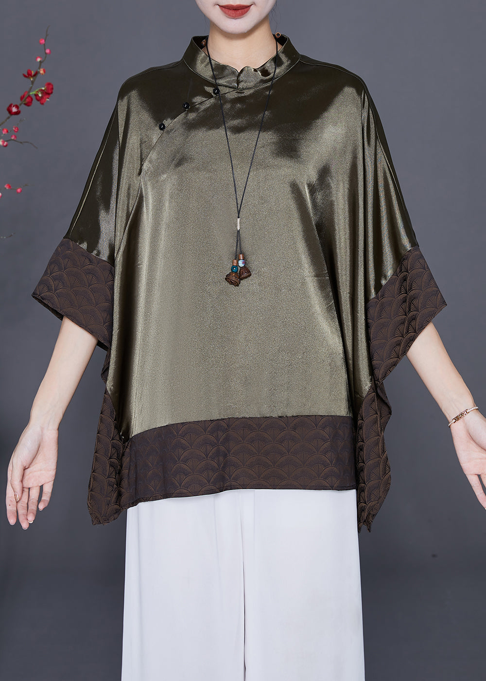 Plus Size Blackish Green Stand Collar Patchwork Silk Shirt Summer Ada Fashion
