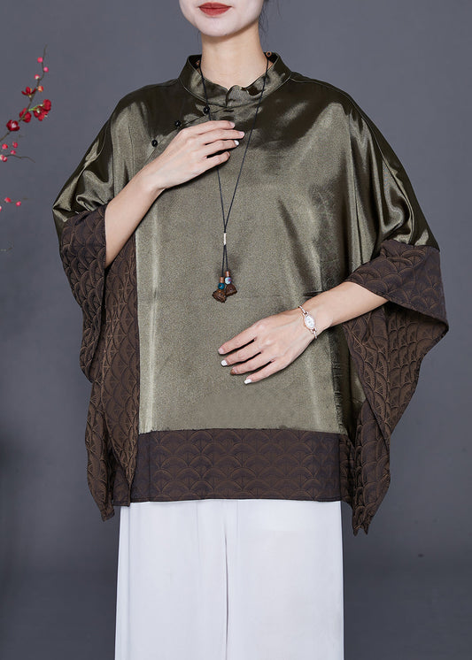 Plus Size Blackish Green Stand Collar Patchwork Silk Shirt Summer Ada Fashion