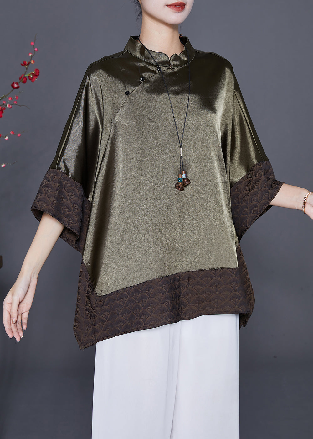 Plus Size Blackish Green Stand Collar Patchwork Silk Shirt Summer Ada Fashion