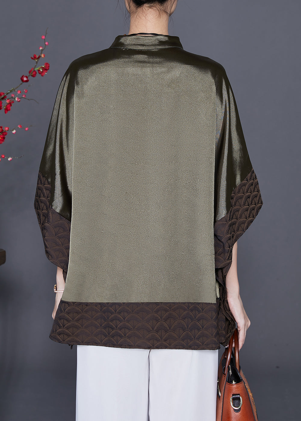 Plus Size Blackish Green Stand Collar Patchwork Silk Shirt Summer Ada Fashion