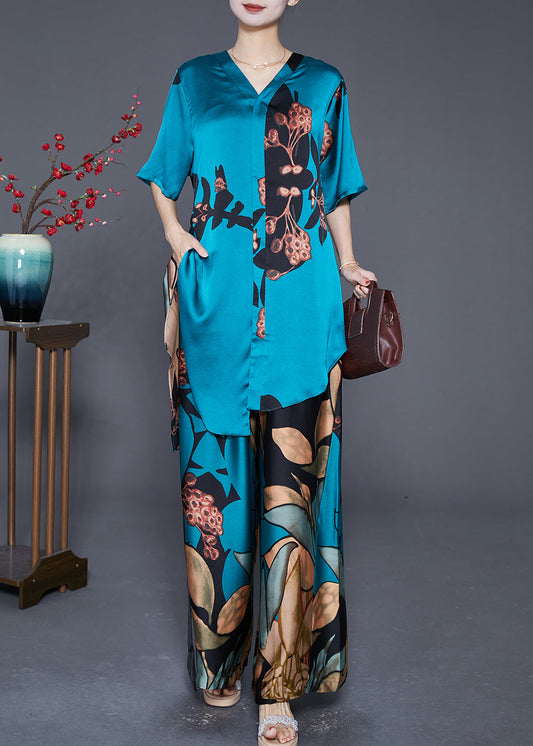 Plus Size Blue Asymmetrical Print Tie Waist Silk Two Pieces Set Summer Ada Fashion