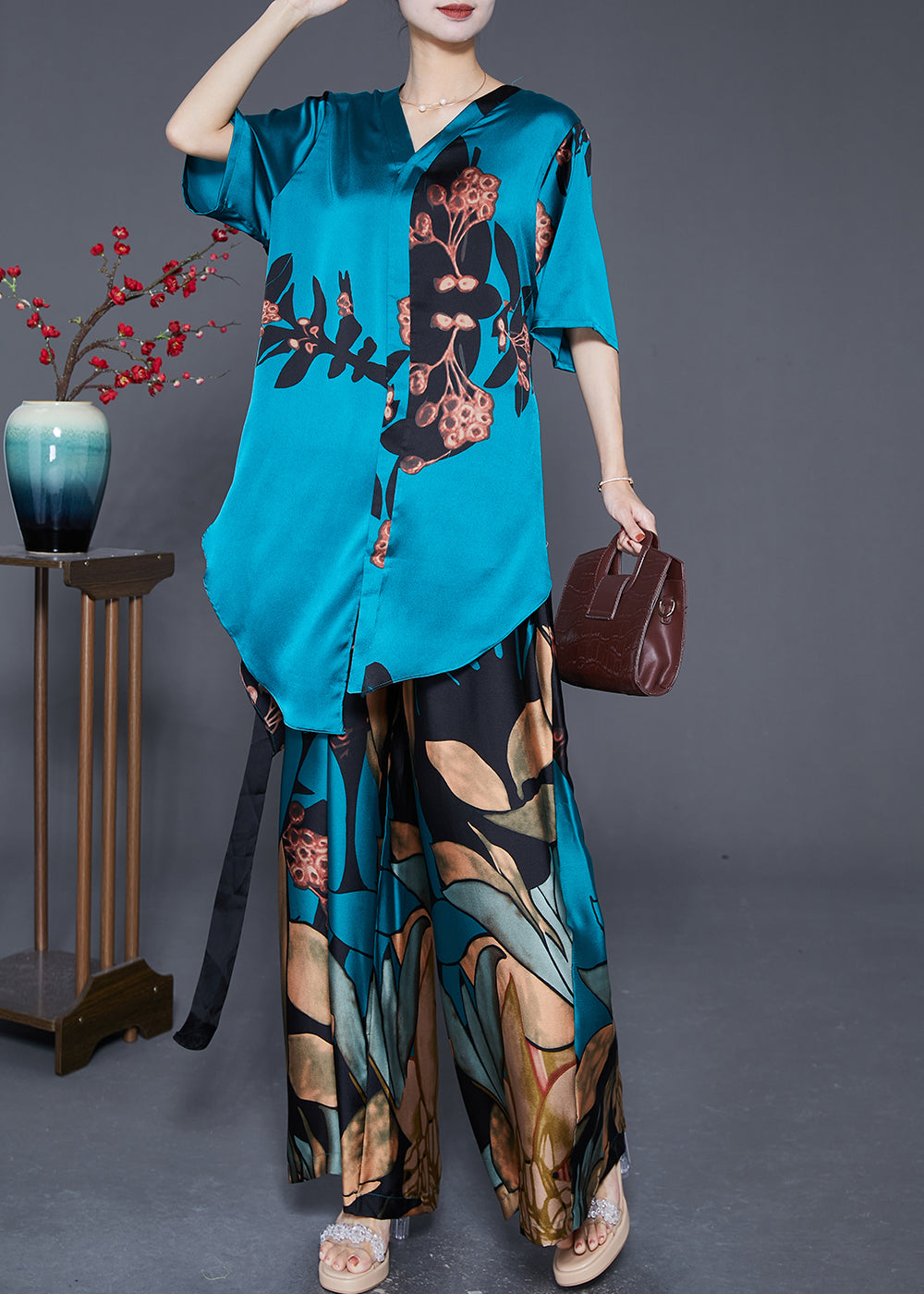 Plus Size Blue Asymmetrical Print Tie Waist Silk Two Pieces Set Summer Ada Fashion