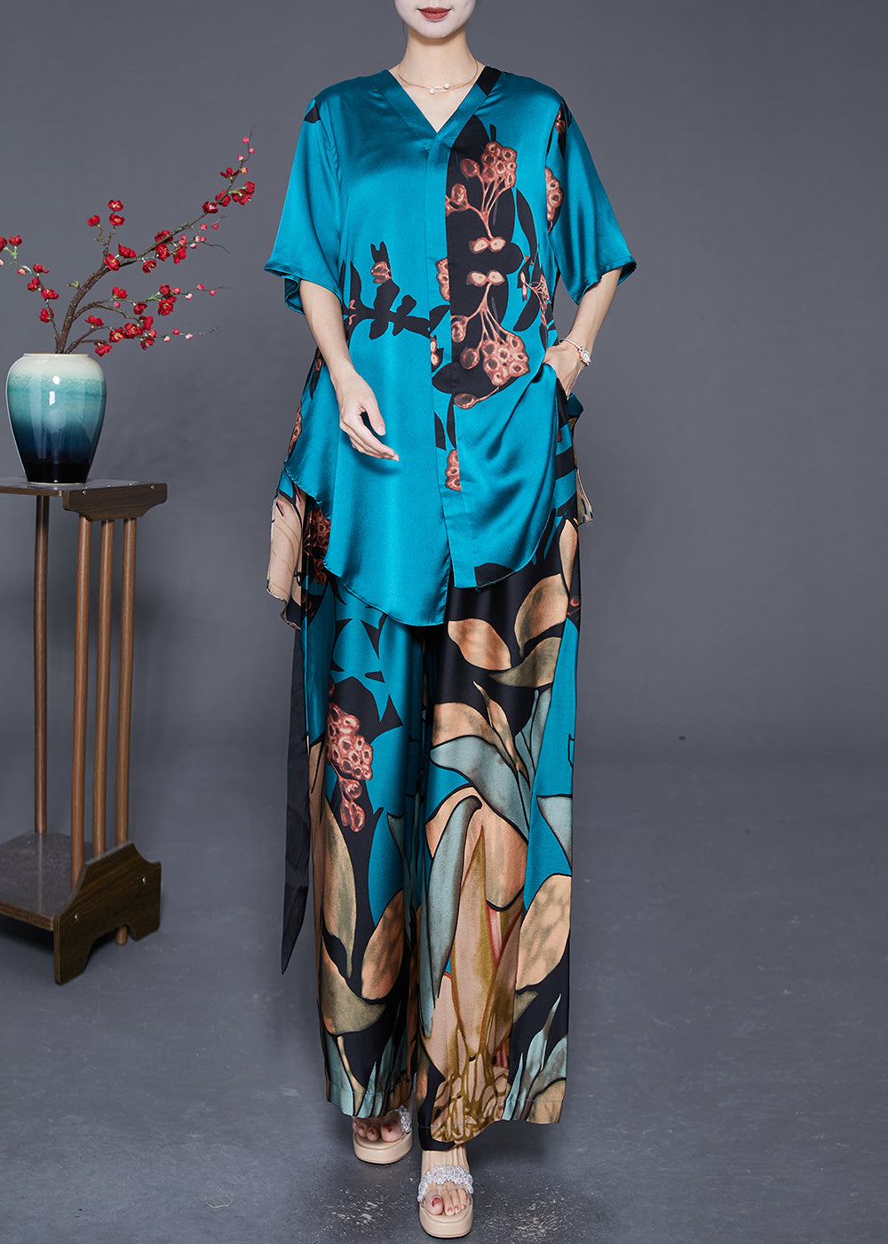 Plus Size Blue Asymmetrical Print Tie Waist Silk Two Pieces Set Summer Ada Fashion