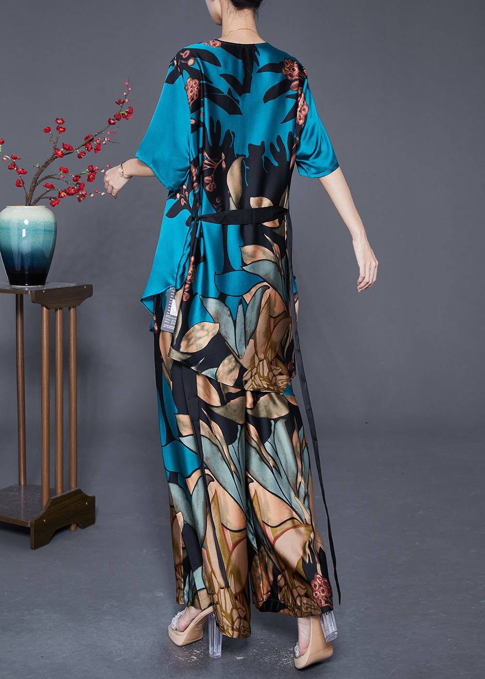 Plus Size Blue Asymmetrical Print Tie Waist Silk Two Pieces Set Summer Ada Fashion