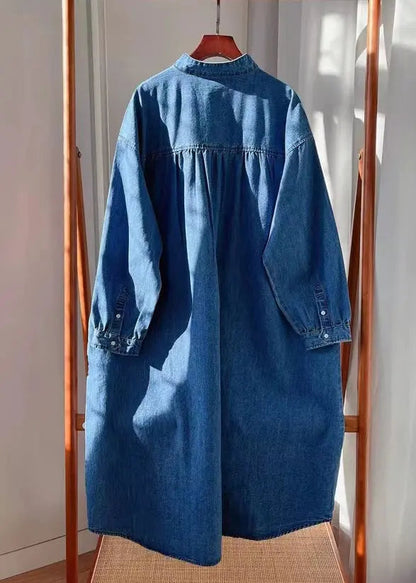 Plus Size Blue Button Pockets Denim Long Dresses Fall Ada Fashion