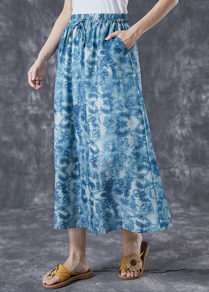 Plus Size Blue Elastic Waist Print Linen A Line Skirts Summer TA1021 - fabuloryshop