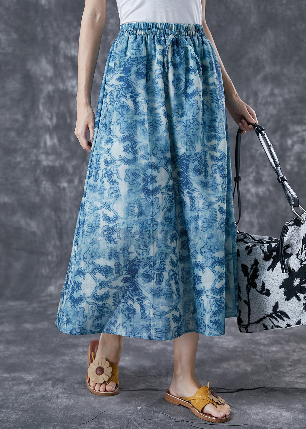 Plus Size Blue Elastic Waist Print Linen A Line Skirts Summer TA1021 - fabuloryshop