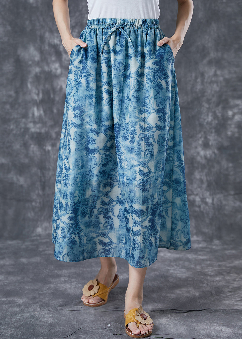 Plus Size Blue Elastic Waist Print Linen A Line Skirts Summer TA1021 - fabuloryshop