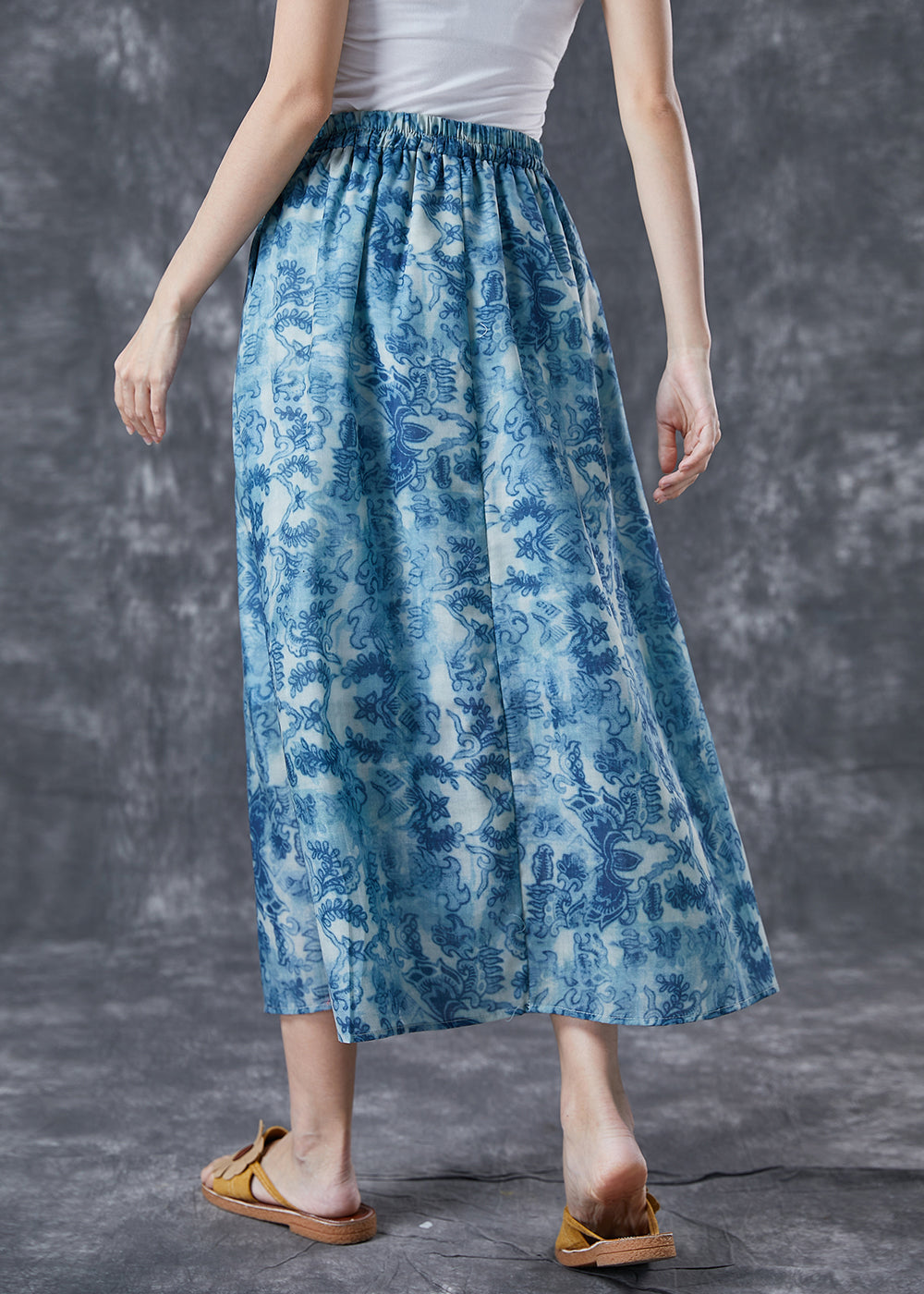 Plus Size Blue Elastic Waist Print Linen A Line Skirts Summer TA1021 - fabuloryshop