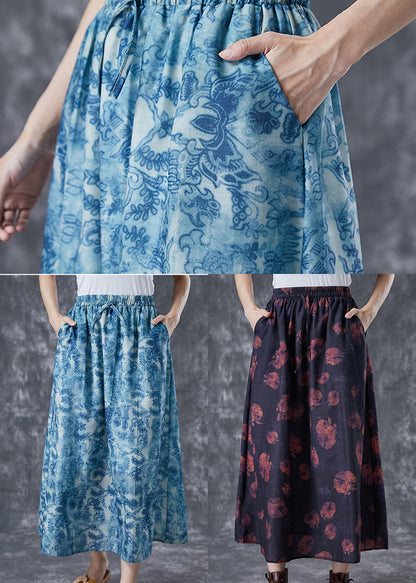 Plus Size Blue Elastic Waist Print Linen A Line Skirts Summer TA1021 - fabuloryshop