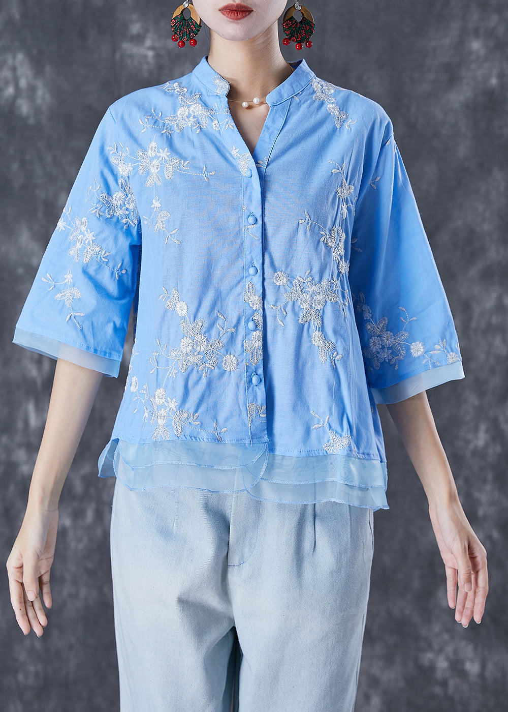 Plus Size Blue Embroideried Patchwork Linen Blouse Tops Summer LY7089 - fabuloryshop