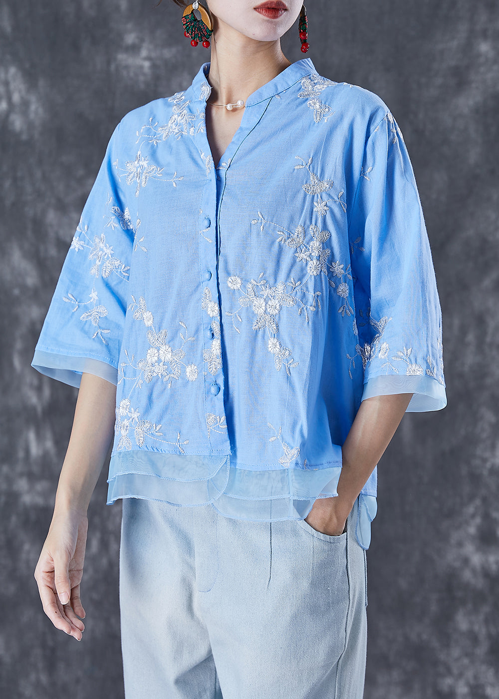 Plus Size Blue Embroideried Patchwork Linen Blouse Tops Summer LY7089 - fabuloryshop