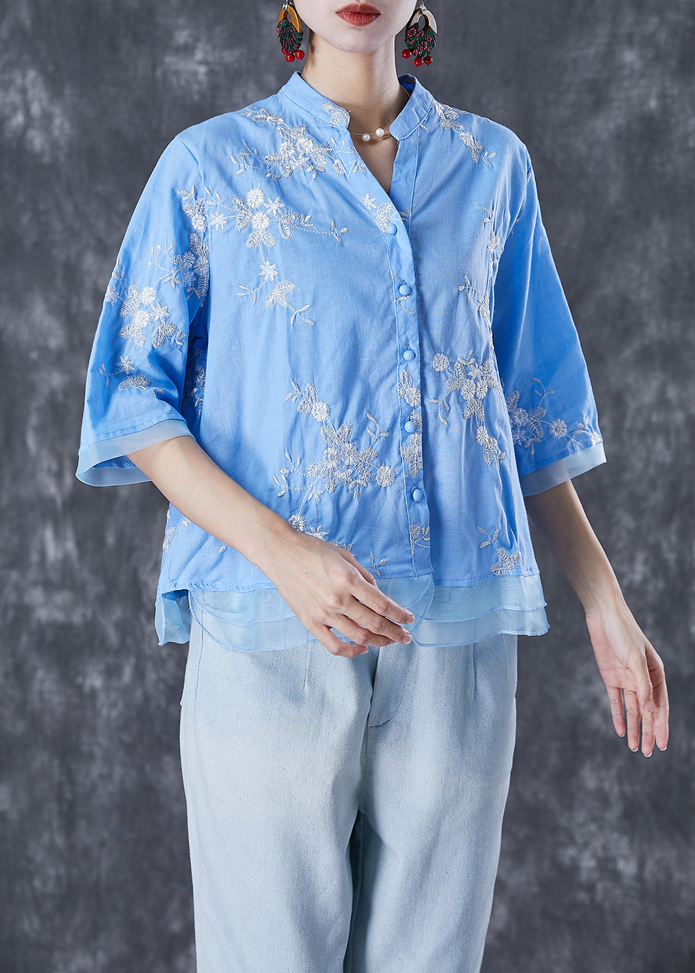 Plus Size Blue Embroideried Patchwork Linen Blouse Tops Summer LY7089 - fabuloryshop