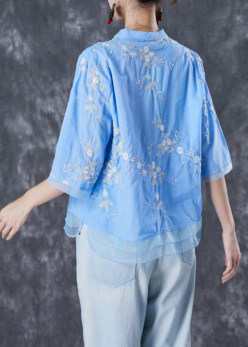 Plus Size Blue Embroideried Patchwork Linen Blouse Tops Summer LY7089 - fabuloryshop