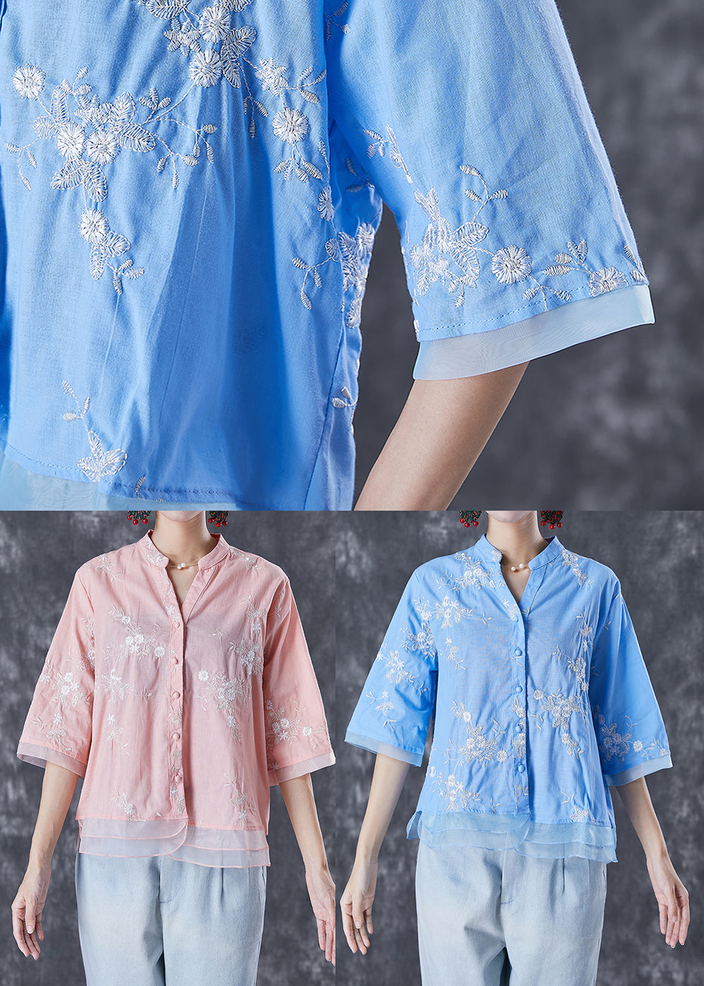 Plus Size Blue Embroideried Patchwork Linen Blouse Tops Summer LY7089 - fabuloryshop