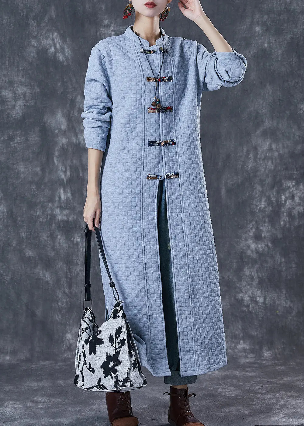 Plus Size Blue Grey Chinese Button Cotton Trench Coats Fall Ada Fashion