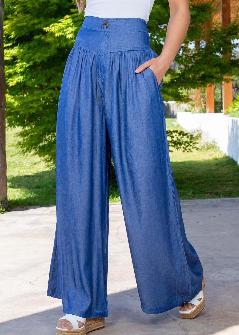 Plus Size Blue High Waist Patchwork Wrinkled Denim Wide Leg Pants Summer LY4016 - fabuloryshop