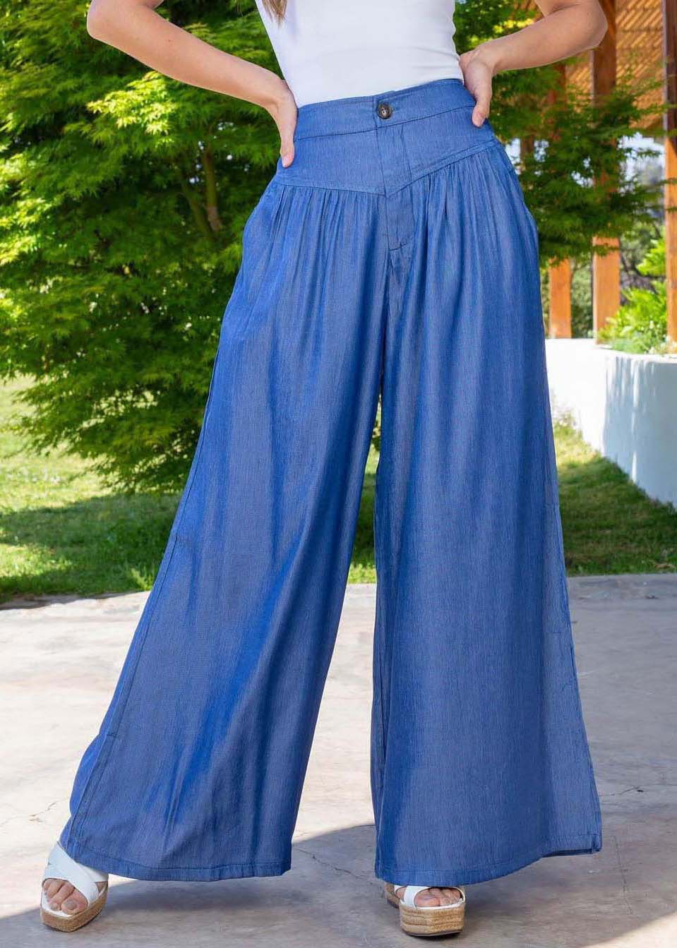Plus Size Blue High Waist Patchwork Wrinkled Denim Wide Leg Pants Summer LY4016 - fabuloryshop