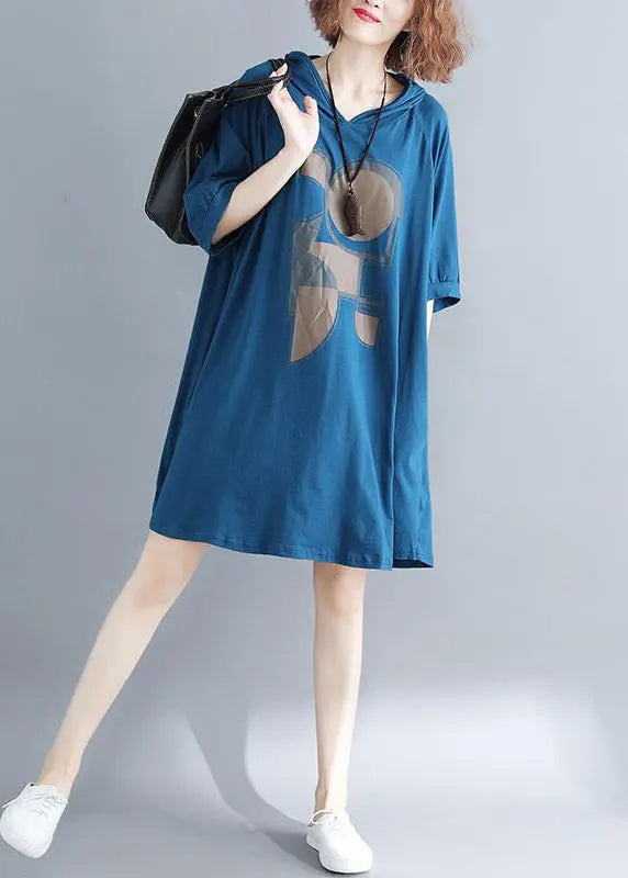 Plus Size Blue Hooded Print Cotton Sweatshirt Dress Summer Ada Fashion