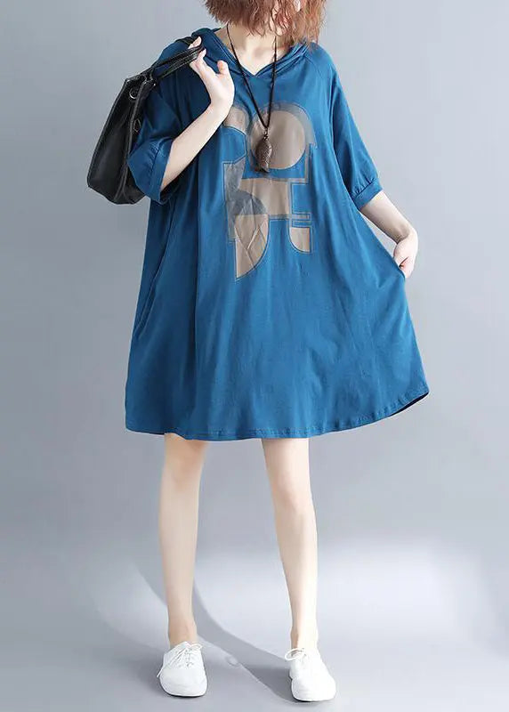 Plus Size Blue Hooded Print Cotton Sweatshirt Dress Summer Ada Fashion