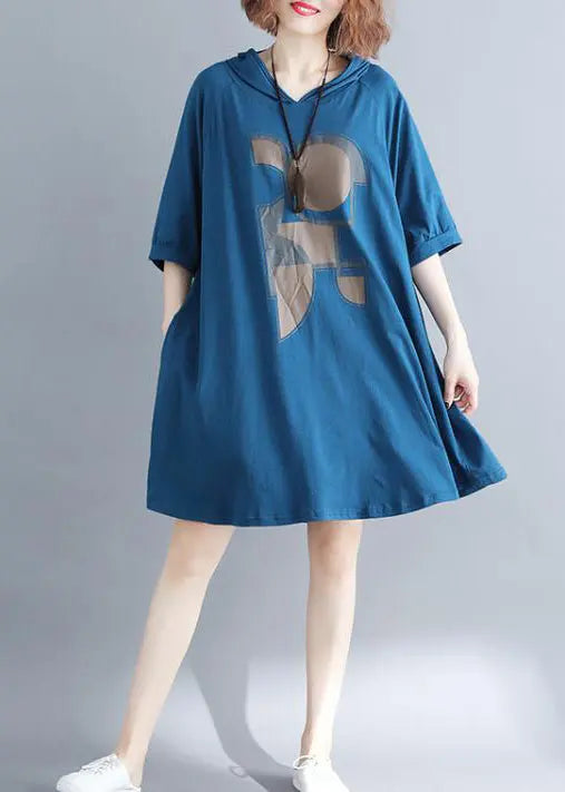 Plus Size Blue Hooded Print Cotton Sweatshirt Dress Summer Ada Fashion