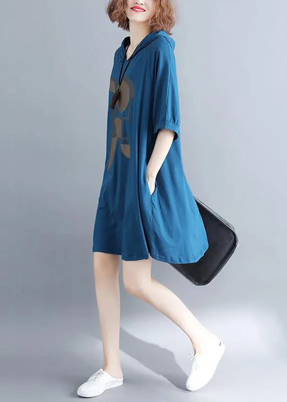 Plus Size Blue Hooded Print Cotton Sweatshirt Dress Summer Ada Fashion