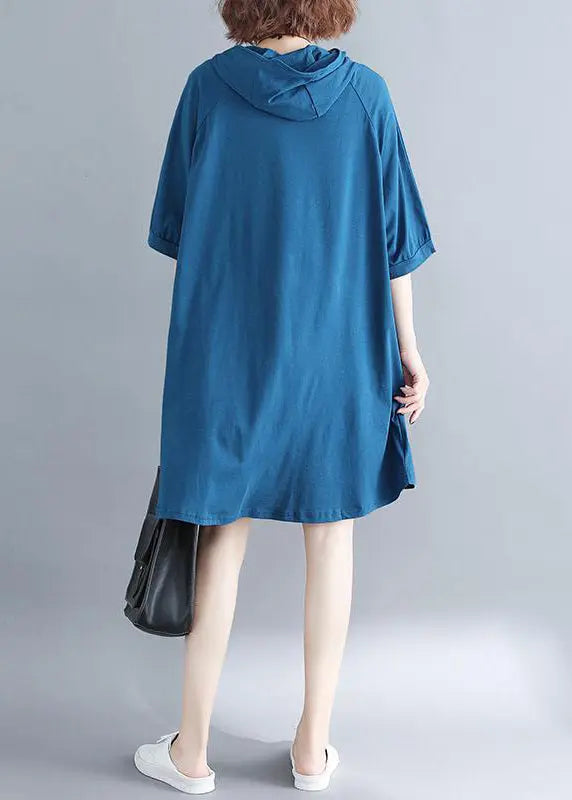 Plus Size Blue Hooded Print Cotton Sweatshirt Dress Summer Ada Fashion