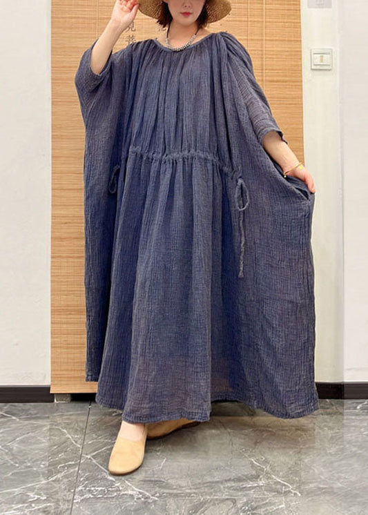 Plus Size Blue O Neck Drawstring Patchwork Linen Long Dresses Summer Ada Fashion