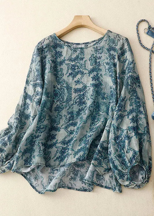 Plus Size Blue O Neck Print Patchwork Cotton T Shirt Long Sleeve Ada Fashion
