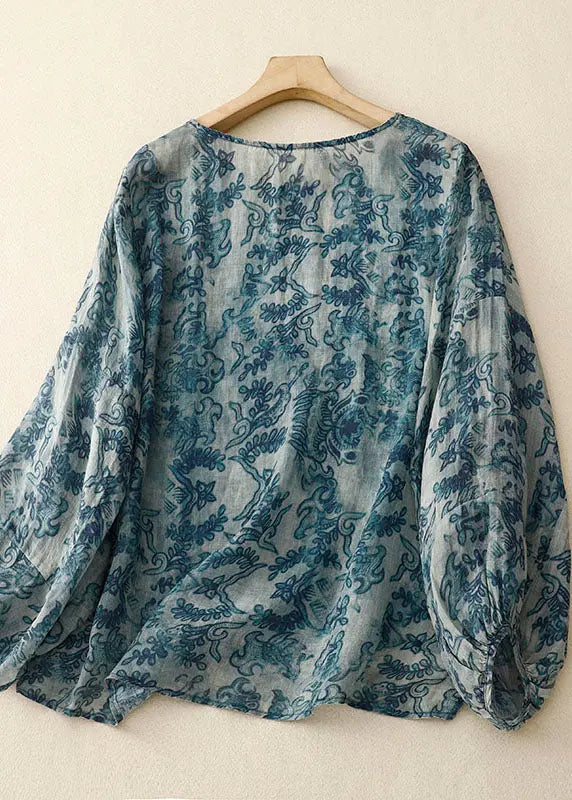 Plus Size Blue O Neck Print Patchwork Cotton T Shirt Long Sleeve Ada Fashion