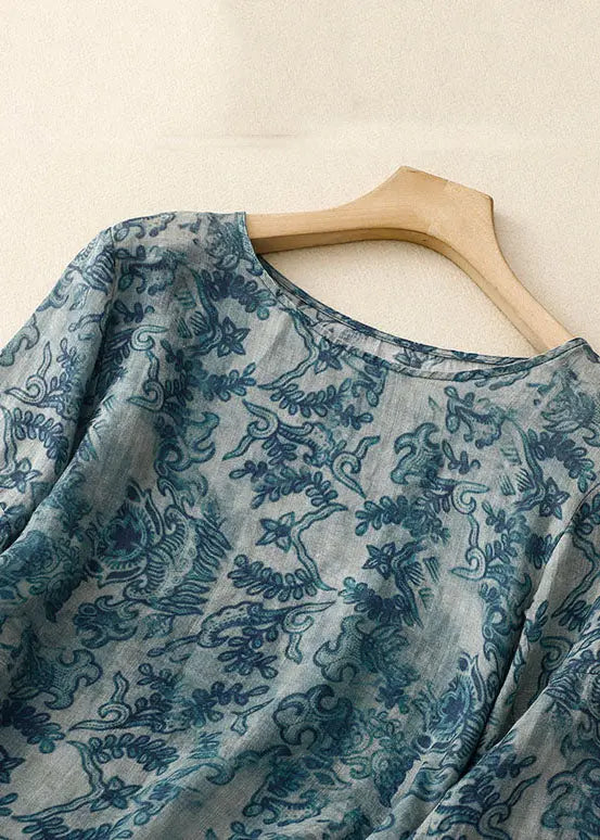 Plus Size Blue O Neck Print Patchwork Cotton T Shirt Long Sleeve Ada Fashion