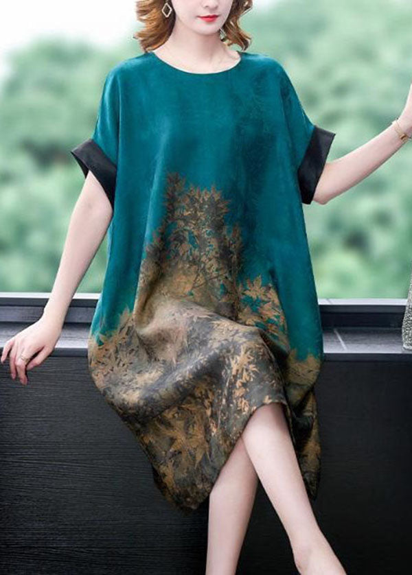 Plus Size Blue O Neck Print Patchwork Silk Dress Summer LY4566 - fabuloryshop