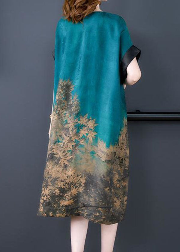 Plus Size Blue O Neck Print Patchwork Silk Dress Summer LY4566 - fabuloryshop