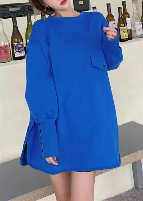 Plus Size Blue O Neck Side Open Cotton Tops Fall Ada Fashion